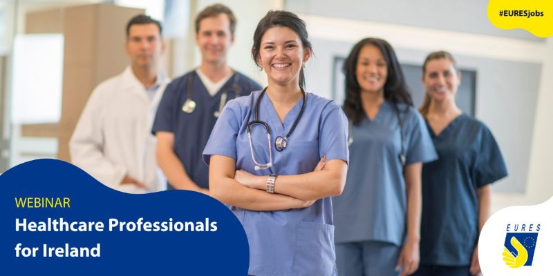 Hymyileviä sosiaali- ja terveysalan ihmisiä. Kuvan alaosassa teksti "Webinar. Healthcare Professionals for Ireland"