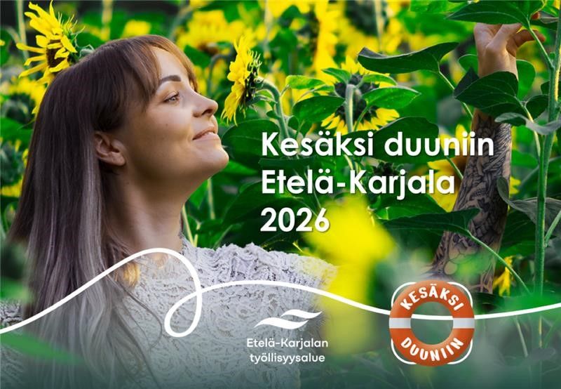 Henkilö auringonkukkapellolla. Kuvassa lukee Kesäksi duuniin Etelä-Karjala 2026 ja etualalla on työllisyysalueen ja Kesäksi duuniin -logot.