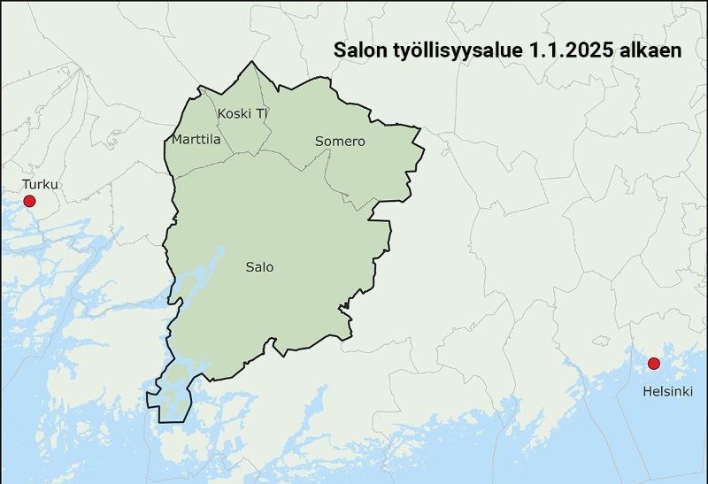 Kuvituskuva: Salon työllisyysalueen kartta. Työllisyysalueen muodostavat Salon kaupunki, Someron kaupunki, Koski Tl kunta ja Marttilan kunta.