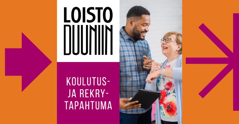 Neljään pystysektoriin jaettu kuva. Ensimmäisessä sekotrissa iso oikealle osoittava nuoli. Toisessa sektorissa lukee Loistoduuniin, Koulutus ja rekrytapahtuma. Kolmannessa sektorissa monimuotoinen parivaljakko hymyilee toisilleen. Viimeisessä sektorissa jälleen graafinen kuvio, jossa yksi pystysuora viiva ja kolme eri suuntiin sojottavaa viivaa.