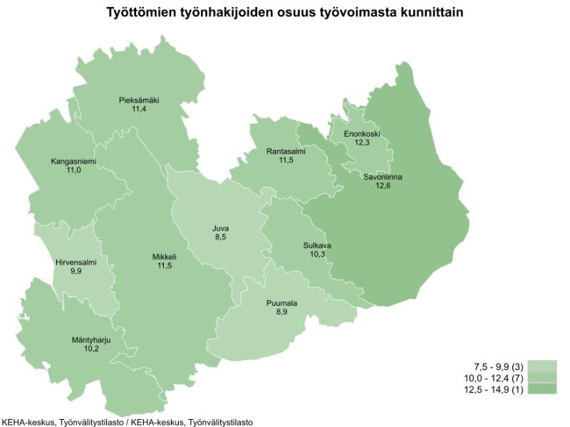 TEM Työnvälitystilaston mukaan työttömien työnhakijoiden osuus työvoimasta kunnittain on seuraava: 7,5 -9,9 % välille sijoittuu kolme kuntaa, joita ovat Juva 8,5, Puumala 8,59 ja Hirvensalmi 9,9. 10,0 - 12,4 % välille sijoittuu seitsemän kuntaa, joita ovat Mäntyharju 10,2, Sulkava 10,3, Kangasniemi 11,0, Pieksämäki, 11,4, Mikkeli 11,5, Rantasalmi 11,5 ja Enonkoski 12,3. Savonlinnan työttömien työnhakijoiden osuus on 12,6 % työvoimasta. 