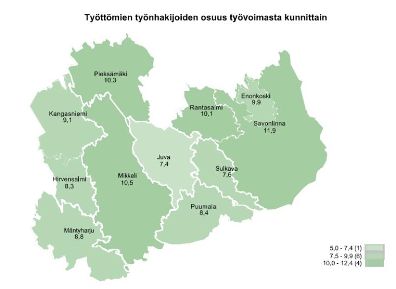 TEM Työnvälitystilaston mukaan työttömien työnhakijoiden osuus työvoimasta kunnittain on seuraava: 5,0-7,4% välille sijoittuu Juva 7,4. 7,5 -9,9 % välille sijoittuu kuusi kuntaa, joita ovat Sulkava 7,6, Hirvensalmi 8,3, Puumala 8,4,  Mäntyharju 8,8 ja Kangasniemi 9,1 ja Enonkoski 9,9. 10,0 - 12,4 % välille sijoittuu neljä kuntaa, joita ovat Rantasalmi 10,1, Pieksämäki 10,3, Mikkeli 10,5 ja Savonlinna 11,9