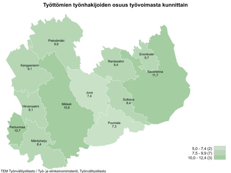 TEM Työnvälitystilaston mukaan työttömien työnhakijoiden osuus työvoimasta kunnittain on seuraava: 5,0 - 7,4 % välille sijoittuu kaksi kuntaa, jotka ovat Puumala 7,3 ja Juva 7,4. 7,5 - 9,9 % välille sijoittuu seitsemän kuntaa, joita ovat Hirvensalmi 8,1, Mäntyharju 8,4, Sulkava 8,4,  Kangasniemi 9,1, Rantasalmi 9,4, Pieksämäki 9,6 ja Enonkoski 9,7. 10,0 - 12,4 % välille sijoittuu kolme kuntaa, joita ovat Mikkeli 10,6, Pertunmaa 10,7 ja Savonlinna 11,7. 