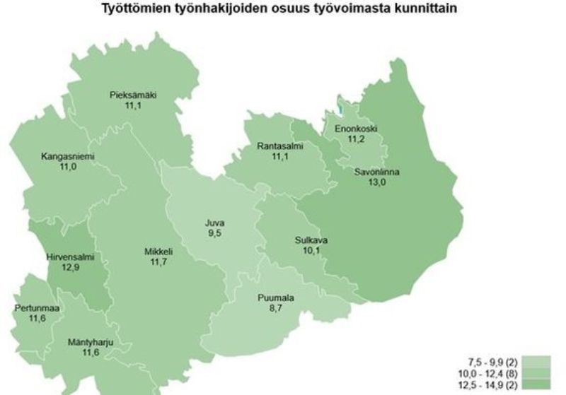 TEM Työnvälitystilaston mukaan työttömien työnhakijoiden osuus työvoimasta kunnittain on seuraava: 7,5 -9,9 % välille sijoittuu kaksi kuntaa, joita ovat Puumala 8,7 ja Juva 9,5. <br/>10,0 - 12,4 % välille sijoittuu kahdeksan kuntaa, joita ovat Sulkava 10,1, Kangasniemi 11,0, Pieksämäki 11,1, Rantasalmi 11,1, Enonkoski 11,2, Mäntyharju 11,6,  Pertunmaa 11,6 ja Mikkeli 11,7. 12,5 - 14,9 välille sijoittuu kaksi kuntaa, jotka ovat Hirvensalmi 12,9 ja Savonlinna 13,0. 