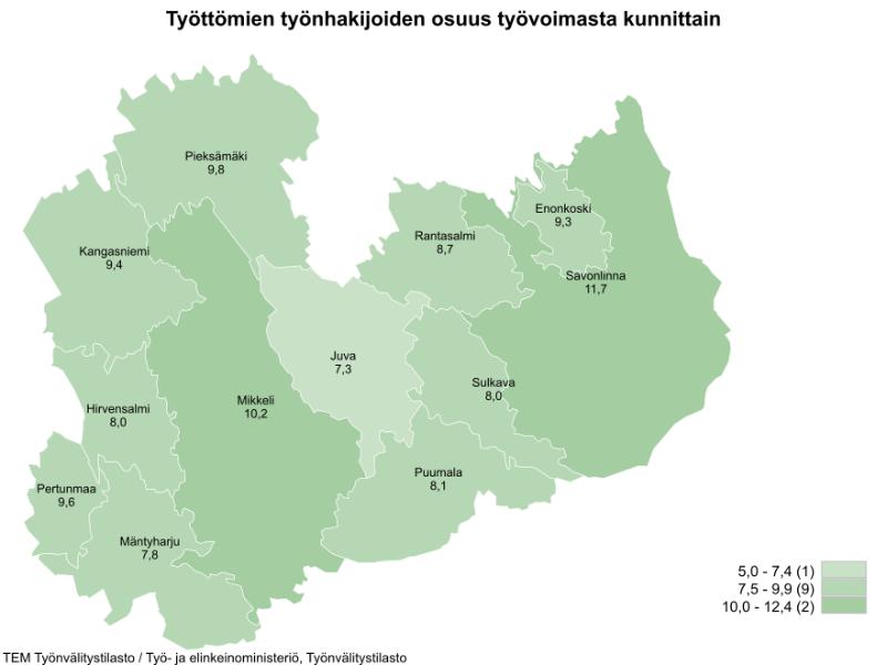 TEM Työnvälitystilaston mukaan työttömien työnhakijoiden osuus työvoimasta kunnittain on seuraava: 5,0 - 7,4 välille sijoittuu yksi kunta, joka on Juva. 7,5 - 9,9 % välille sijoittuu yhdeksän kuntaa, joita ovat Mäntyharju 7,8, Sulkava 8,0, Hirvensalmi 8,0, Puumala 8,1, Rantasalmi 8,7,  Enonkoski 9,3, Kangasniemi 9,4, Pertunmaa 9,6 ja Pieksämäki 9,8. 10,0 - 12,4 % välille sijoittuu kaksi kuntaa, joita ovat Mikkeli 10,2 ja Savonlinna 11,7. 