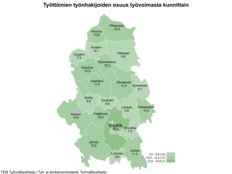 Työttömien työnhakijoiden osuus työvoimasta kunnittain<br/>kuukauden lopussa<br/>2024 Elokuu<br/>Työttömien työnhakijoiden %-osuus työvoimasta<br/>Hankasalmi	10,0<br/>Joutsa	11,4<br/>Jyväskylä	13,8<br/>Jämsä	12,0<br/>Kannonkoski	10,2<br/>Karstula	10,5<br/>Keuruu	10,5<br/>Kinnula	10,6<br/>Kivijärvi	9,1<br/>Konnevesi	9,1<br/>Kyyjärvi	7,5<br/>Laukaa	9,6<br/>Luhanka	9,9<br/>Multia	9,8<br/>Muurame	8,2<br/>Petäjävesi	10,0<br/>Pihtipudas	10,3<br/>Saarijärvi	11,4<br/>Toivakka	7,5<br/>Uurainen	8,9<br/>Viitasaari	9,6<br/>Äänekoski	12,3<br/>Yksikkö: Prosenttia<br/>Lähde: TEM Työnvälitystilasto / Työ- ja elinkeinoministeriö, Työnvälitystilasto