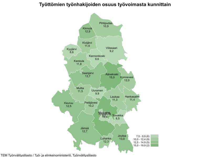 <br/>Työttömien työnhakijoiden osuus työvoimasta kunnittain<br/>kuukauden lopussa<br/>2024 Heinäkuu<br/>Työttömien työnhakijoiden %-osuus työvoimasta<br/>Hankasalmi	11,4<br/>Joutsa	13,0<br/>Jyväskylä	15,4<br/>Jämsä	12,7<br/>Kannonkoski	9,6<br/>Karstula	11,8<br/>Keuruu	12,5<br/>Kinnula	12,9<br/>Kivijärvi	11,9<br/>Konnevesi	12,0<br/>Kyyjärvi	8,6<br/>Laukaa	11,3<br/>Luhanka	12,3<br/>Multia	11,5<br/>Muurame	9,0<br/>Petäjävesi	10,2<br/>Pihtipudas	10,9<br/>Saarijärvi	13,7<br/>Toivakka	8,5<br/>Uurainen	9,9<br/>Viitasaari	9,2<br/>Äänekoski	15,0<br/>Yksikkö: Prosenttia<br/>Lähde: TEM Työnvälitystilasto / Työ- ja elinkeinoministeriö, Työnvälitystilasto