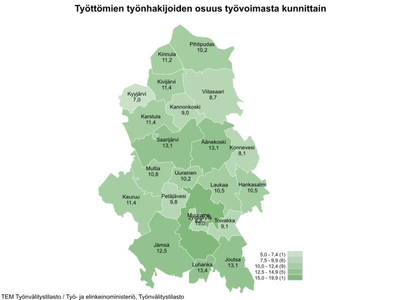 Työttömien työnhakijoiden osuus työvoimasta kunnittain kuukauden lopussa<br/>2024 Kesäkuu<br/>Työttömien työnhakijoiden %-osuus työvoimasta<br/>Hankasalmi	10,5<br/>Joutsa	13,1<br/>Jyväskylä	15,0<br/>Jämsä	12,5<br/>Kannonkoski	9,0<br/>Karstula	11,4<br/>Keuruu	11,4<br/>Kinnula	11,2<br/>Kivijärvi	11,4<br/>Konnevesi	8,1<br/>Kyyjärvi	7,0<br/>Laukaa	10,5<br/>Luhanka	13,4<br/>Multia	10,8<br/>Muurame	8,8<br/>Petäjävesi	9,8<br/>Pihtipudas	10,2<br/>Saarijärvi	13,1<br/>Toivakka	9,1<br/>Uurainen	10,2<br/>Viitasaari	8,7<br/>Äänekoski	13,1<br/>Yksikkö: Prosenttia<br/>Lähde: TEM Työnvälitystilasto / Työ- ja elinkeinoministeriö, Työnvälitystilasto