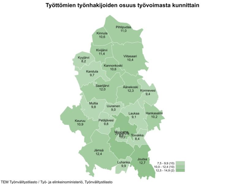 <br/>Työttömien työnhakijoiden osuus työvoimasta kunnittain<br/>kuukauden lopussa<br/>2024 Lokakuu<br/>Työttömien työnhakijoiden %-osuus työvoimasta<br/>Hankasalmi 10,2<br/>Joutsa 12,7<br/>Jyväskylä 13,2<br/>Jämsä 12,4<br/>Kannonkoski 10,6<br/>Karstula 9,7<br/>Keuruu 10,9<br/>Kinnula 10,6<br/>Kivijärvi 11,4<br/>Konnevesi 9,4<br/>Kyyjärvi 8,2<br/>Laukaa 9,1<br/>Luhanka 9,9<br/>Multia 9,8<br/>Muurame 8,6<br/>Petäjävesi 9,8<br/>Pihtipudas 11,0<br/>Saarijärvi 12,0<br/>Toivakka 8,4<br/>Uurainen 9,0<br/>Viitasaari 10,4<br/>Äänekoski 12,3<br/>Yksikkö: Prosenttia<br/>Lähde: TEM Työnvälitystilasto / Työ- ja elinkeinoministeriö, Työnvälitystilasto