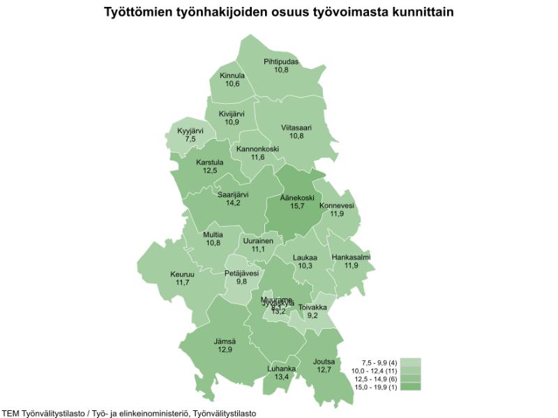 Työttömien työnhakijoiden osuus työvoimasta kunnittain kuukauden lopussa 2024 Huhtikuu<br/>Työttömien työnhakijoiden %-osuus työvoimasta<br/>Hankasalmi	11,9<br/>Joutsa	12,7<br/>Jyväskylä	13,2<br/>Jämsä	12,9<br/>Kannonkoski	11,6<br/>Karstula	12,5<br/>Keuruu	11,7<br/>Kinnula	10,6<br/>Kivijärvi	10,9<br/>Konnevesi	11,9<br/>Kyyjärvi	7,5<br/>Laukaa	10,3<br/>Luhanka	13,4<br/>Multia	10,8<br/>Muurame	8,1<br/>Petäjävesi	9,8<br/>Pihtipudas	10,8<br/>Saarijärvi	14,2<br/>Toivakka	9,2<br/>Uurainen	11,1<br/>Viitasaari	10,8<br/>Äänekoski	15,7<br/>Yksikkö: Prosenttia<br/>Lähde: TEM Työnvälitystilasto / Työ- ja elinkeinoministeriö, Työnvälitystilasto