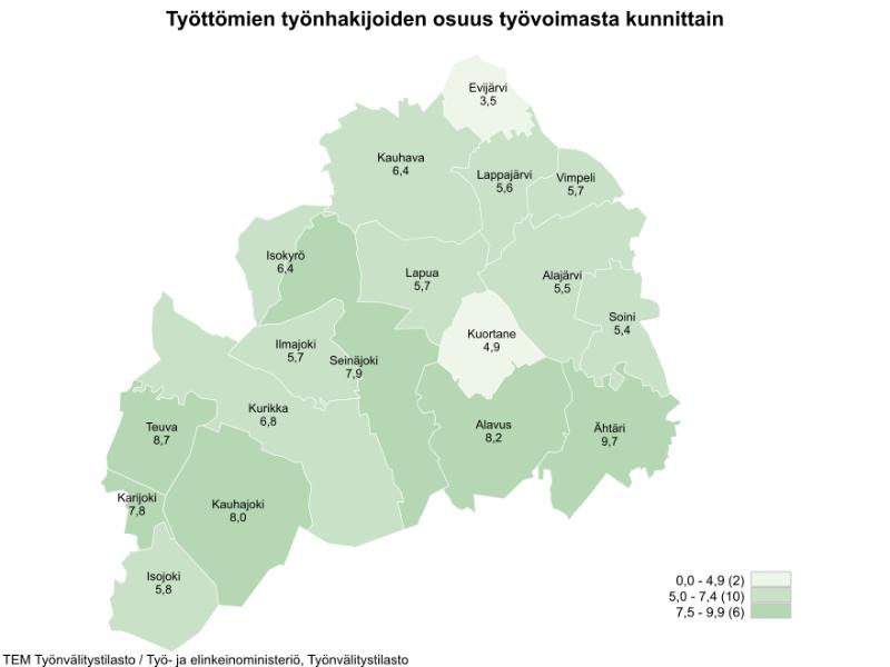 Etelä-Pohjanmaan kartta, josta ilmenee työttömien työnhakijoiden osuudet kunnittain. Työttömien työnhakijoiden osuudet kunnittain olivat Evijärvi 3,5 %, Kauhava 6,4 %, Lappajärvi 5,6 %, Vimpeli 5,7 %, Isokyrö 6,4 %, Lapua 5,7 %, Alajärvi 5,5 %, Ilmajoki 5,7 %, Seinäjoki 7,9 %, Kuortane 4,9 %, Soini 5,4 %, Teuva 8,7 %, Kurikka 6,8 %, Alavus 8,2 %, Karijoki 7,8 %, Ähtäri 9,7 %, Kauhajoki 8,0 % ja Isojoki 5,8.