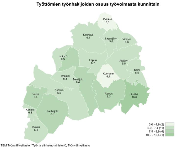 Etelä-Pohjanmaan kartta, josta ilmenee työttömien työnhakijoiden osuudet kunnittain. Työttömien työnhakijoiden osuudet kunnittain olivat Evijärvi 3,6 %, Kauhava 6,1 %, Lappajärvi 5,0 %, Vimpeli 5,3 %, Isokyrö 6,5 %, Lapua 5,7 %, Alajärvi 5,5 %, Ilmajoki 5,8 %, Seinäjoki 8,0 %, Kuortane 4,4 %, Soini 5,5 %, Teuva 8,4 %, Kurikka 6,5 %, Alavus 8,3 %, Karijoki 6,8 %, Ähtäri 10,0 %, Kauhajoki 8,3 % ja Isojoki 5,4.