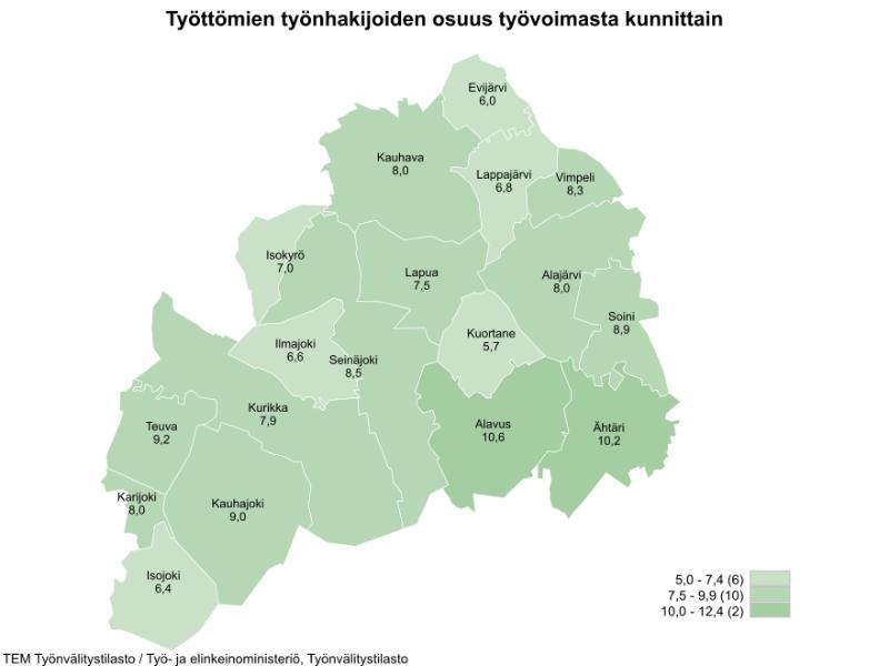 Etelä-Pohjanmaan kartta, josta ilmenee työttömien työnhakijoiden osuudet kunnittain. Työttömien työnhakijoiden osuudet kunnittain olivat Evijärvi 6,0 %, Kauhava 8,0 %, Lappajärvi 6,8 %, Vimpeli 8,3 %, Isokyrö 7,0 %, Lapua 7,5 %, Alajärvi 8,0 %, Ilmajoki 6,6 %, Seinäjoki 8,5 %, Kuortane 5,7 %, Soini 8,9 %, Teuva 9,2 %, Kurikka 7,9 %, Alavus 10,6 %, Karijoki 8,0 %, Ähtäri 10,2 %, Kauhajoki 9,0 % ja Isojoki 6,4.