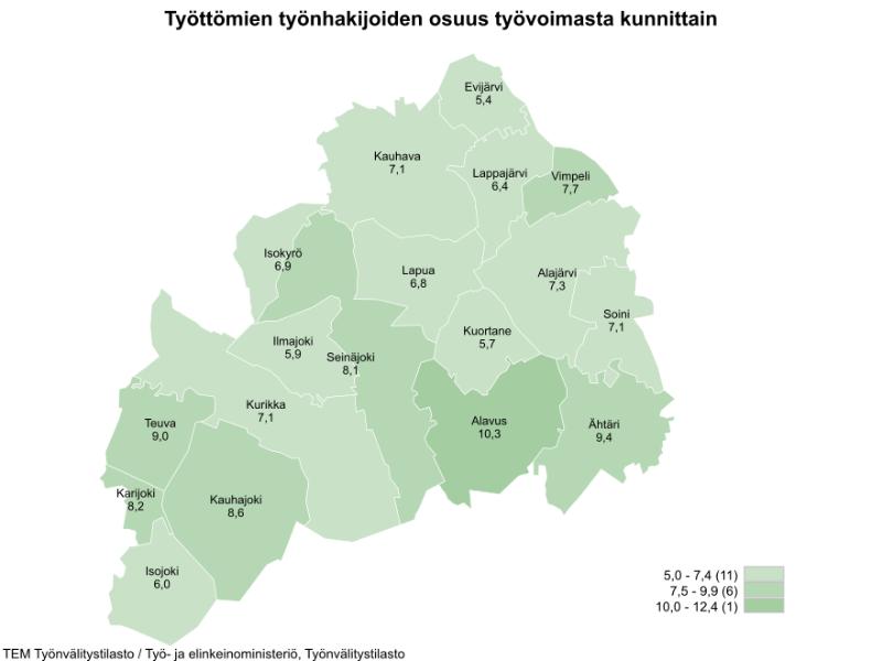 Etelä-Pohjanmaan kartta, josta ilmenee työttömien työnhakijoiden osuudet kunnittain. Työttömien työnhakijoiden osuudet kunnittain olivat Evijärvi 5,4 %, Kauhava 7,1 %, Lappajärvi 6,4 %, Vimpeli 7,7 %, Isokyrö 6,9 %, Lapua 6,8 %, Alajärvi 7,3 %, Ilmajoki 5,9 %, Seinäjoki 8,1 %, Kuortane 5,7 %, Soini 7,1 %, Teuva 9,0 %, Kurikka 7,1 %, Alavus 10,3 %, Karijoki 8,2 %, Ähtäri 9,4 %, Kauhajoki 8,6 % ja Isojoki 6,0.