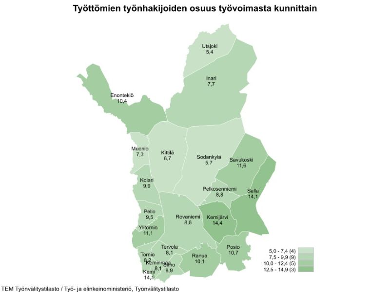 Työttömien työnhakijoiden osuus työvoimasta kunnittain