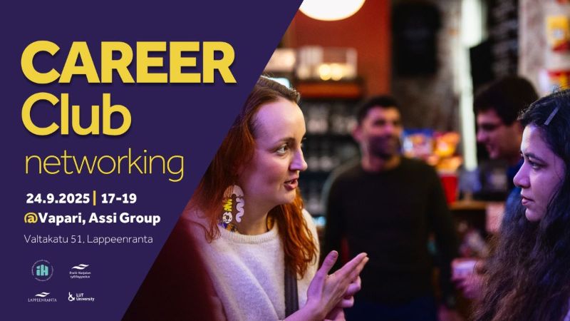 Etualalla kaksi henkilöä keskustelee ja taustalla näkyy lisää ihmisiä. Kuvassa Career Club networking -tapahtuman ajankohta ja paikka.