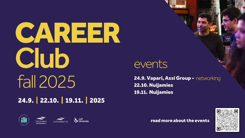 Kuvassa on Career Club -tapahtumien ajankohdat syksyllä 2025. Tapahtumat järjestetään 24.9. Assi Groupin Vaparin tiloissa sekä 22.10. ja 19.11. Kulttuuritila Nuijamiehessä.