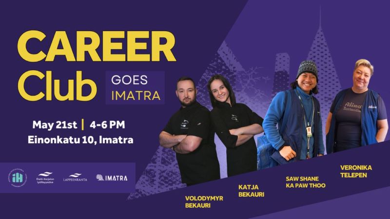 Career Club mainos. Kuvassa esiintyjät ja infoa tapahtumasta, jotka löytyvät tekstistä.