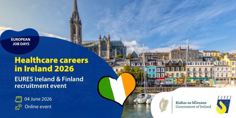 Maisema Irlannista. Kuvan päällä lukee "Healthcare careers in Ireland 2026 - EURES Ireland & Finland recruitment event" ja tapahtuman tarkemmat tiedot, jotka lukevat myös julkaisun tekstissä.