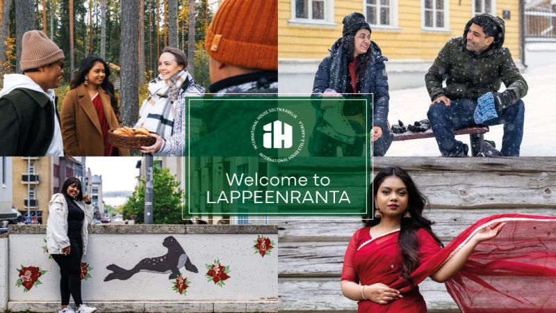 Kuvassa on neljä eri kuvaa, joissa näkyy maahanmuuttajataustaisia ihmisiä eri vuodenaikoina. Keskellä kuvaa on vihreä laatikko, jossa on International House Etelä-Karjalan logo ja lukee tapahtuman nimi "Welcome to Lappeenranta".