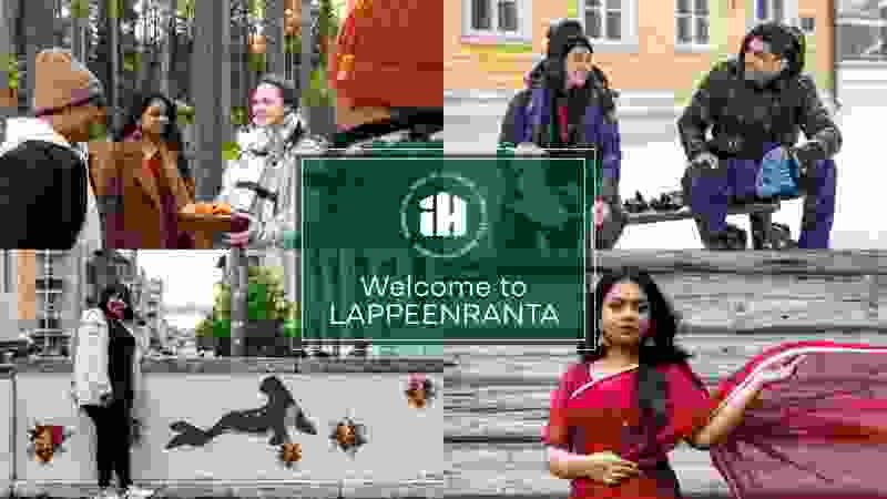 Kuvassa on neljä eri kuvaa, joissa näkyy maahanmuuttajataustaisia ihmisiä eri vuodenaikoina. Keskellä kuvaa on vihreä laatikko, jossa on International House Etelä-Karjalan logo ja lukee tapahtuman nimi "Welcome to Lappeenranta".