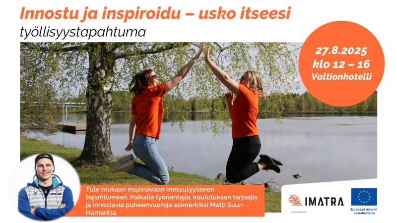 Kuvassa kaksi naista lyö kädet yhteen veden äärellä. Kuva Matti Suur-Hamarista. Lisäksi kuvassa tietoja tapahtumasta.