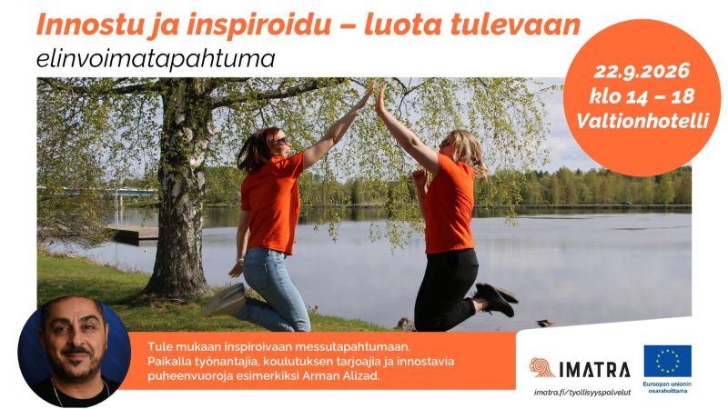 Kaksi henkilöä hyppää ilmaan ja lyövät kädet yhteen. Kuvassa Innostu & inspiroidu -tapahtumasta lisätietoa, jotka löytyvät myös tekstistä. Alakulmassa myös Arman Alizadin kuva ja teksti: "Tule mukaan inspiroivaan messutapahtumaan. Paikalla työnantajia, koulutuksen tarjoajia ja innostavia puheenvuoroja esimerkiksi Arman Alizad."
