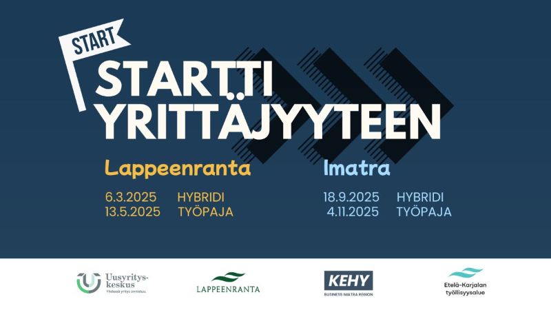 Kuvassa kerrotaan Startti Yrittäjyyteen -infoista. Lappeenrannassa järjestetään 6.3.2025 hybriditilaisuus ja 13.5. työpaja. Imatralla järjestetään 18.9. hybriditilaisuus ja 4.11 työpaja. Kuvassa yhteistyötahojen logot alalaidassa: Uusyrityskeskus, Lappeenrannan kaupunki ja Imatran seudun kehitysyhtiö KEHY.