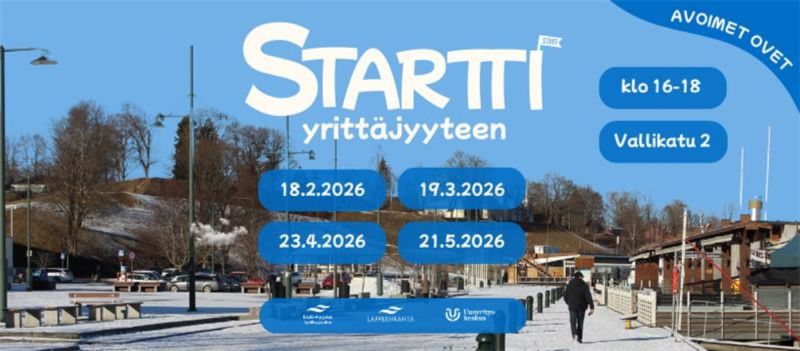 Talvinen maisema Lappeenrannan satamasta. Kuvan päällä lukee Startti yrittäjyyteen - avoimet ovet. Tilaisuudet pidetään 18.2.2026, 19.3.2026, 23.4.2026, 21.5.2026 klo 16-18 osoitteessa Vallikatu 2.