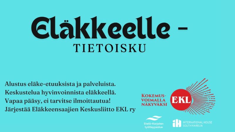Turkoosilla pohjalla kerrottu Eläkkeelle-tietoiskun sisällöstä: alustus eläke-etuuksista ja palveluista sekä keskustelua hyvinvoinnista eläkkeellä.