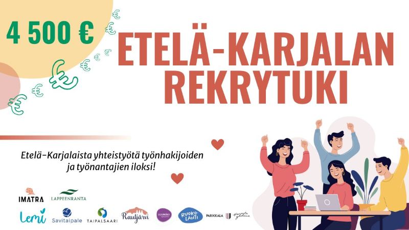 Animoidut henkilöt tuulettavat hymyillen. "Etelä-Karjalaista yhteistyötä työnhakijoiden ja työnantajien iloksi."