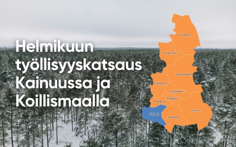 Helmikuun työllisyyskatsaus Kainuussa ja Koillismaalla. Kartta, jossa näkyy Kainuun ja Koillismaan kunnat. 