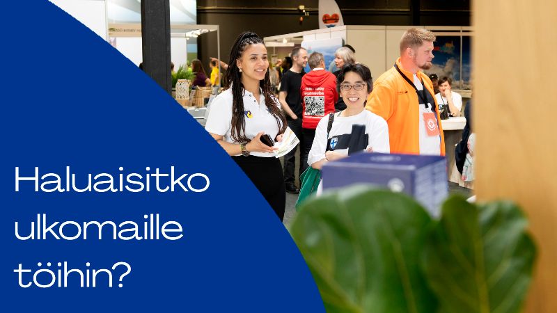 Haluaisitko töihin ulkomaille? Iloisia ihmisiä rekrymessuilla.