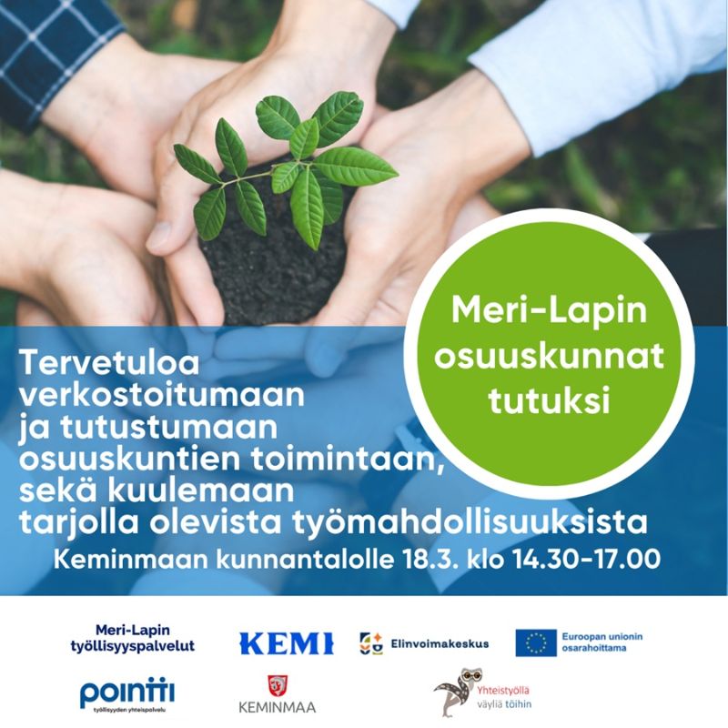 Ilmoitus tapahtumasta, jossa esitellään Meri-Lapin osuuskuntien toimintaa ja työmahdollisuuksia. Kuvassa useat kädet pitävät yhdessä pientä vihreää kasvia mullassa. Tekstissä kerrotaan, että Meri-Lapin osuuskuntiin voi tulla tutustumaan ja verkostoitumaan Keminmaan kunnantalolle 18.3. klo 14.30–17.00.