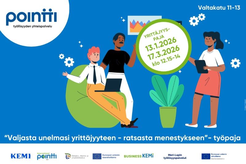 Kuvassa on sininen tausta ja kolme piirrettyä henkilöä. Vasemmalla vaaleaihoinen punatukkainen henkilö istuu vihreällä säkkituolilla kannettava tietokone sylissään. Hänen vierellään seisoo tummaihoinen henkilö mustassa paidassa ja valkoisissa housuissa, joka osoittaa ylöspäin. Oikealla seisoo nainen, jolla on valkoinen paita, punertava hame ja tabletti kädessään.<br/>Taustalla näkyy kolme kaaviota ja rataskuvioita, jotka kuvaavat yritystoimintaa ja kasvua. Etualalla on vihreä kasvi ruukussa.<br/><br/>Ylävasemmassa kulmassa on teksti: "pointti – työllisyyden yhteispalvelu", ja oikeassa yläkulmassa lukee "Valtakatu 11–13".<br/>Alareunassa on teksti: "Yrittäjyyspaja Valjasta unelmasi yrittäjyyteen – ratsasta menestykseen".<br/>Kuvan alalaidassa näkyvät yhteistyökumppaneiden logot: Meri-Lapin työllisyyspalvelut, Kemi, International Pointti, Elinkeino-, liikenne- ja ympäristökeskus, Euroopan unioni, Business Kemi ja Lappia Koulutus Oy.