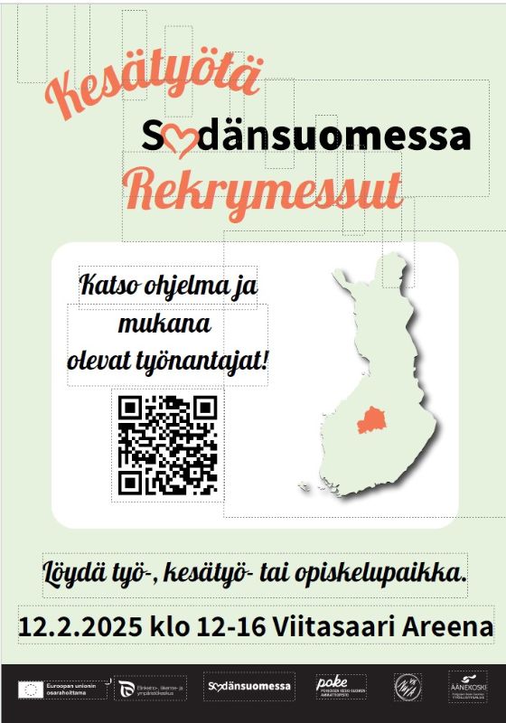 Kesätyötä Sydänsuomessa Rekrymessut 12.2.2025 klo 12-16, Viitasaari Areenalla.<br/>Osoite: Urheilutie 9, 44500 Viitasaari<br/> <br/>Rekrymessut ovat ainutlaatuinen tilaisuus tutustua kasvokkain Sydänsuomessa-alueen työnantajiin. Tapahtuman keskiössä on kesätyöntekijöiden rekrytointi, mutta tarjolla on myös muita mahdollisuuksia. Jos etsit pidempiaikaisia töitä, opiskelumahdollisuuksia tai vaikkapa opinnäytetyön aihetta, niin suuntaa messuille! Tapahtuma on maksuton. Lisätietoa: https://sydansuomessa.fi/rekrymessut-2025/<br/><br/>