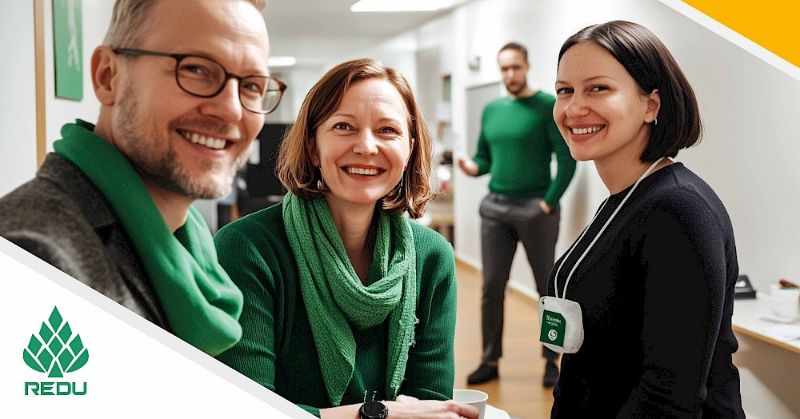 Kolme iloista henkilö seisoo kasvot kuvan ottajaa kohti. Vaatetuksessa Redu edun logon vihreitä asusteita.