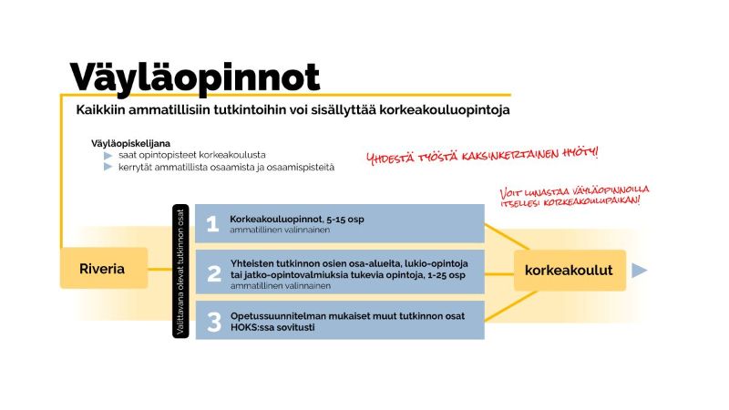 Väyläopinnot tunnustetaan osaksi Riverian opintoja. Perustutkinnoissa niitä voidaan helposti sijoittaa ammatillisiin valinnaisiin tutkinnon osiin.