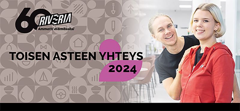 60 Riveria ammatti elämässäsi, toisen asteen yhteys 2024. Kuvassa kaksi iloista ihmistä.
