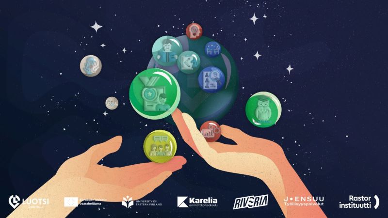 Kuvituskuva, jossa kaksi kättä kannattelee erikokoisia palloja. Luotsi Joensuu. Euroopan unionin osarahoittama. University of Eastern Finland. Karelia ammattikorkeakoulu. Riveria. Joensuun työllisyyspalvelut. Rastor instituutti. 