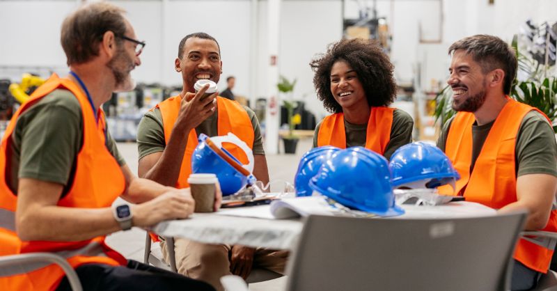 Kuvassa istuu neljä henkilöä kahvilla huomioliivit päällä. 