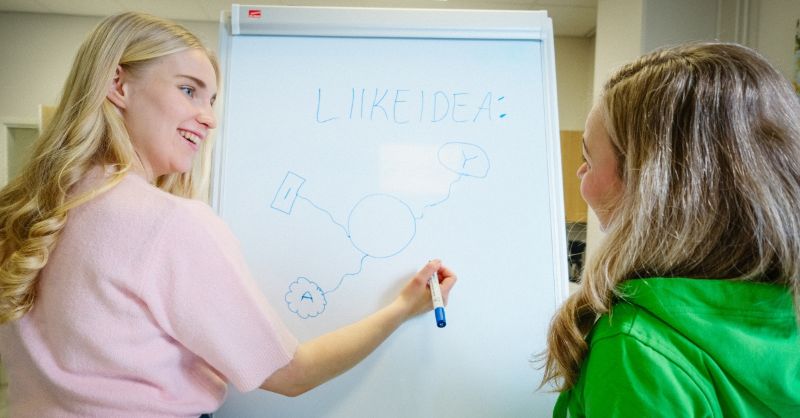 Henkilö piirtää liikeideaa valkotaululle ja Luotsin asiantuntija kuuntelee ideaa innostuneena.