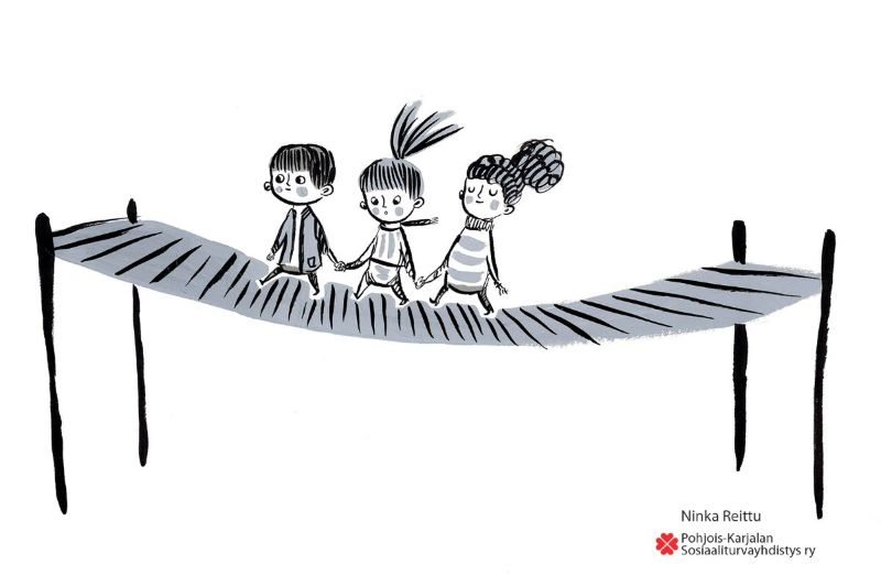Kuvituskuva, jossa kolme piirroshahmoa kulkee käsikädessä sillan yli. Ninka Reittu. Pohjois-Karjalan Sosiaaliturvayhdistys ry