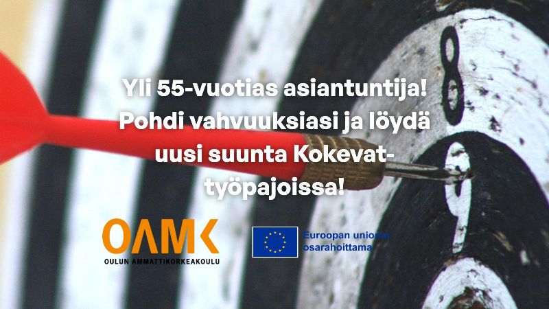 Kuvassa tikkataulu, jossa tikka on osunut yhdeksän kohdalle. Alalaidassa Oulun ammattikorkeakoulun ja Euroopan Unionin logot.