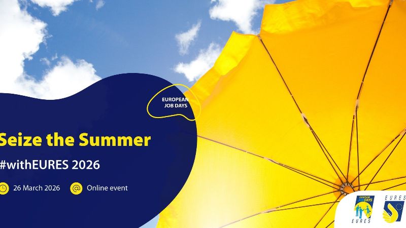 Tapahtuman nimi, aika ja paikka tummansinisellä pohjalla. Taustalla poutapilviä, taivasta ja kuvassa oikealla osa keltaista aurinkovarjoa. Oikealla alalaidassa EURES-logot.