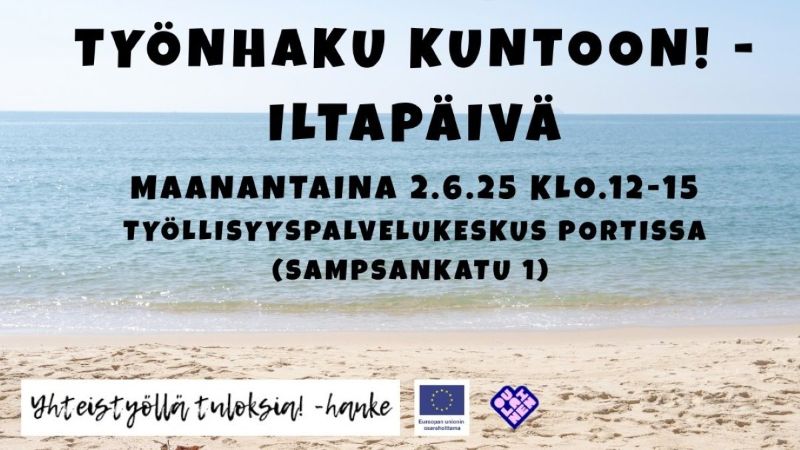 Työnhaku kuntoon! -tapahtuman mainoskuvassa hiekkaranta ja merihorisontti.