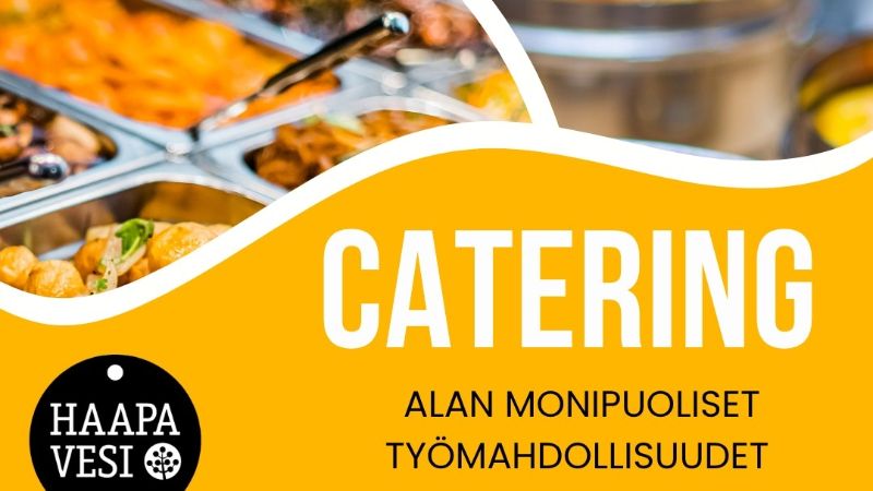 Ruoka-aiheista kuvitusta ja keltaisella pohjalla catering-alan tapahtuman tiedot.