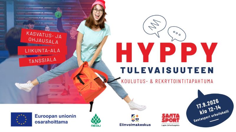 Hyppy tulevaisuuteen. Koulutus- ja rekrytointitapahtuma. Kasvatus- ja ohjausala, liikunta-ala, tanssiala. 17.9.2026 klo 12-14, Santasport urheiluhalli.