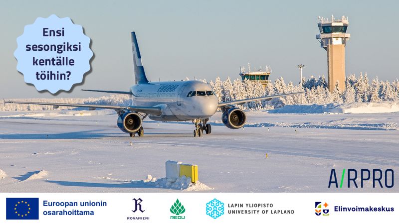 Finnairin valkoinen lentokone aurinkoisessa talvimaisemassa lentokentällä. Kuvan päällä on teksti: Ensi sesongiksi kentälle töihin?