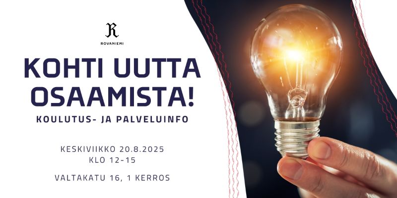 Kohti uutta osaamista! Koulutus- ja palveluinfo. Keskiviikko 20.8.2025 klo 12-15. Valtakatu 16, 1. kerros.